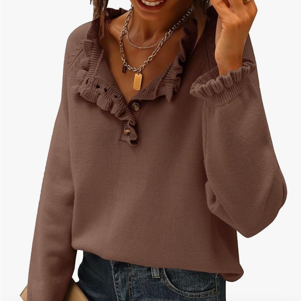 BTFBM 1/4 Button Down Crew Neck Ruffle Knit Pullover Sweater - Size small